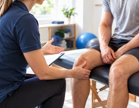 Physiotherapeut erläutert den Ablauf einer Krankengymnastik-Behandlung während einer persönlichen Betreuung
