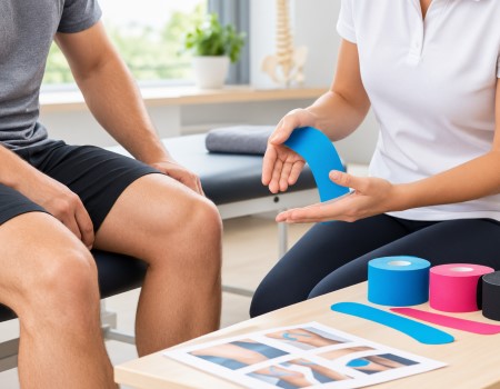 Physiotherapeut analysiert Beschwerden und legt Kinesio-Tape individuell auf die betroffene Körperregion an
