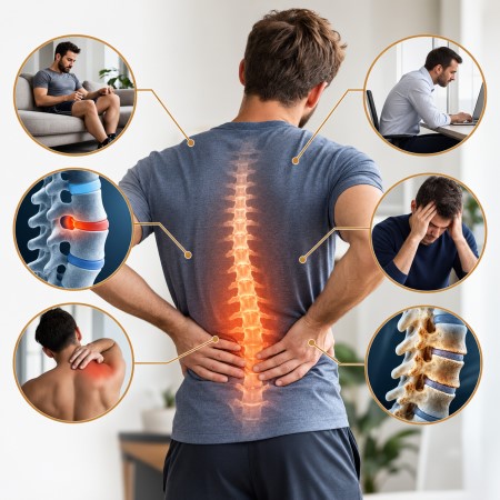 Häufige Ursachen von Rückenschmerzen wie Bewegungsmangel, Fehlhaltungen und Muskelverspannungen bei Patienten in der Physiotherapie Babelsberg