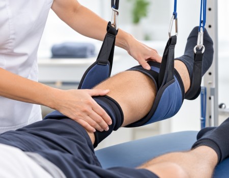 Physiotherapeut bereitet eine Behandlung mit Schlingentisch und Traktion in der Physiotherapie Babelsberg vor